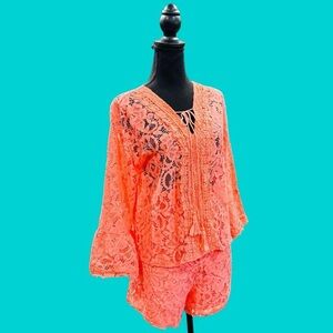 Pink Lace Bell Sleeve Shorts Set Large